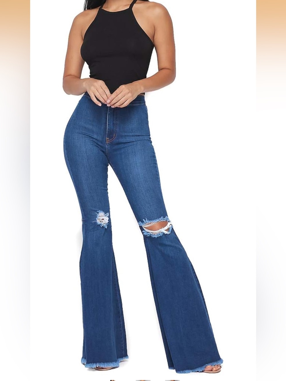 Vibrant MIU High-Rise Distressed Flare Jeans - Dark Blue